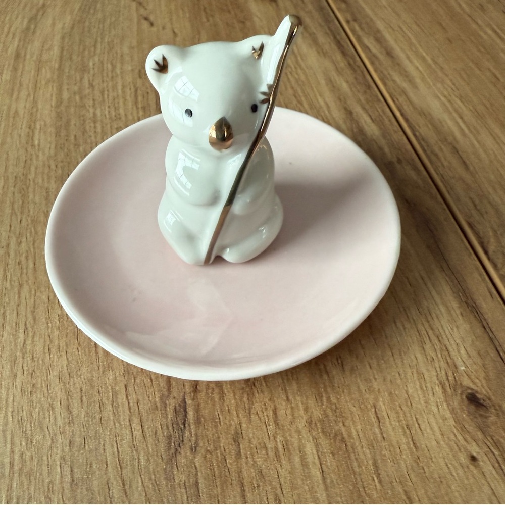 Trinket‎ Dish Pink White Bear Gold Porcelain  Gold Cute Girls Room